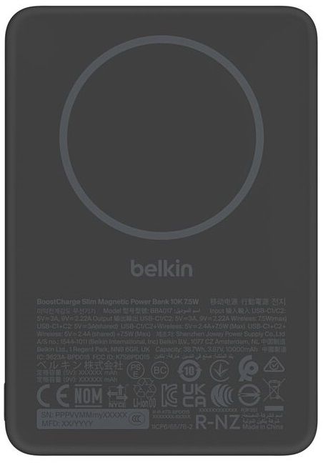 Акумулятор портативний літій-іонний Power Bank Belkin 10000мА·год, 20Вт/Qi2 7.5Вт, Slim Magnetic Ring, чорний