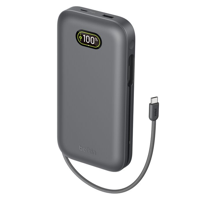 Акумулятор портативний літій-іонний Power Bank Belkin 27000мА·год, 240Вт, з інтегрованим кабелем USB-C, сірий