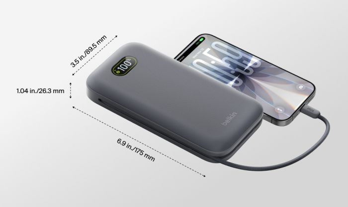 Акумулятор портативний літій-іонний Power Bank Belkin 27000мА·год, 240Вт, з інтегрованим кабелем USB-C, сірий