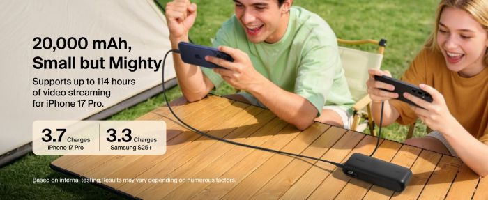 Акумулятор портативний літій-іонний Power Bank Belkin 20000мА·год, 45Вт, з інтегрованим кабелем USB-C, чорний