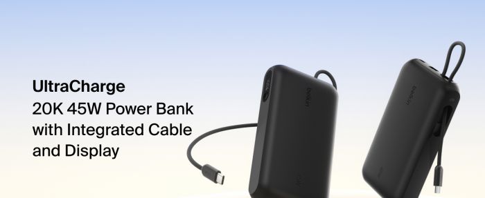 Акумулятор портативний літій-іонний Power Bank Belkin 20000мА·год, 45Вт, з інтегрованим кабелем USB-C, чорний