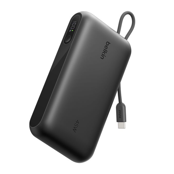Акумулятор портативний літій-іонний Power Bank Belkin 20000мА·год, 45Вт, з інтегрованим кабелем USB-C, чорний