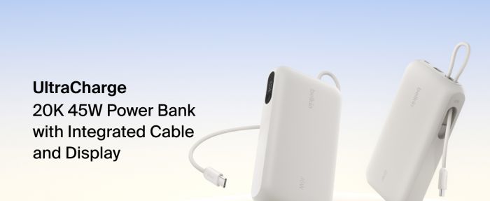 Акумулятор портативний літій-іонний Power Bank Belkin 20000мА·год, 45Вт, з інтегрованим кабелем USB-C, пісочний