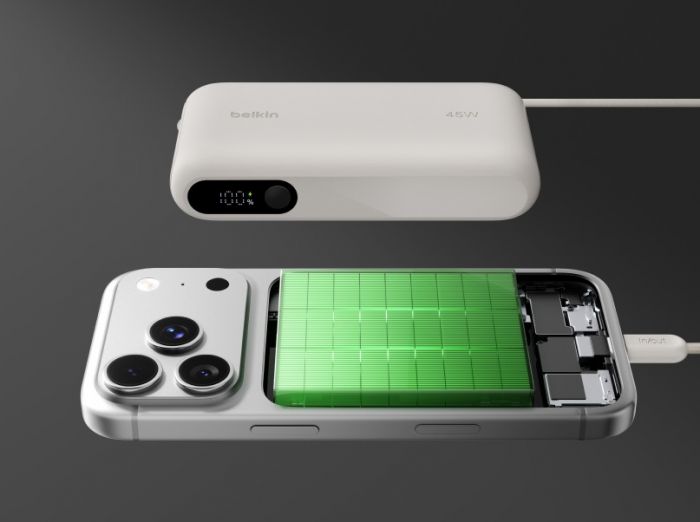 Акумулятор портативний літій-іонний Power Bank Belkin 10000мА·год, 45Вт, з інтегрованим кабелем USB-C, пісочний