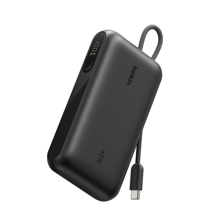 Акумулятор портативний літій-іонний Power Bank Belkin 10000мА·год, 45Вт, з інтегрованим кабелем USB-C, чорний