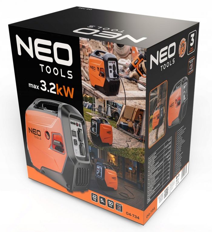 Генератор бензиновий інверторний Neo Tools 230В, 3/3.2кВт, ручний стартер, USB Type C 5, 22кг