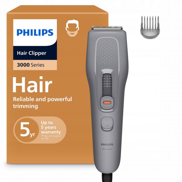 Машинка для стриження  Philips Series 3000, від мережі, роторний мотор, насадок-3, сухе чищення, сталь, сіра