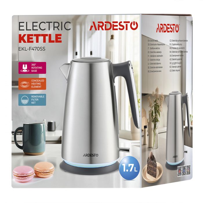 Електрочайник ARDESTO 1.7л, Strix, підсвітка, нерж. сталь, сріблястий