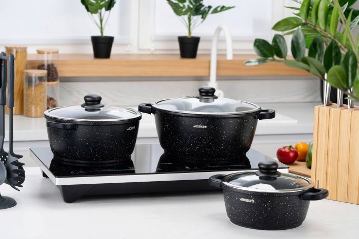 Каструля Ardesto Gemini Anzio, скляна кришка, 20 см, 2,5 л, чорний, алюміній