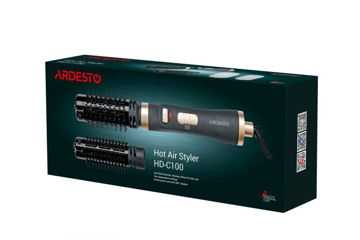 Фен-щітка Ardesto HD-C100/ 1000 Вт/2 темп. режими/холодний обдув/обертання в обидві боки/2 керам. насадки/чорний