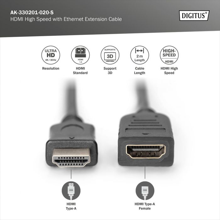 Кабель DIGITUS HDMI High speed + Ethernet (AM/AF) 2.0м, чорний