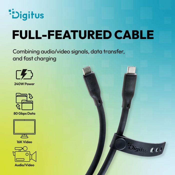 Кабель DIGITUS USB-C > USB-C заряджання/синхронізації, USB4 2.0, 80G, 240W, 16K, силіконовий, 1м, чорний