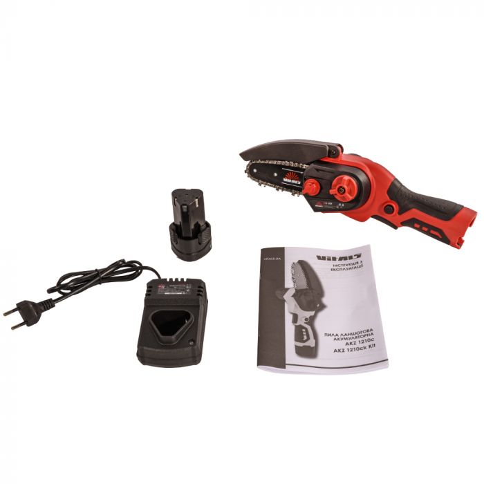 Пила ланцюгова акумуляторна Vitals AKZ 1210ck Kit 12В акб 1х2А·год шина 10см 3.6м/c 0.83кг