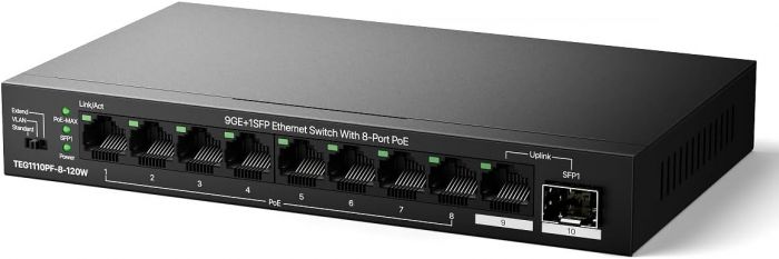 Комутатор TENDA TEG1110PF-8-120W 8xGE PoE, 1xGE, 1xSFP, Некерований