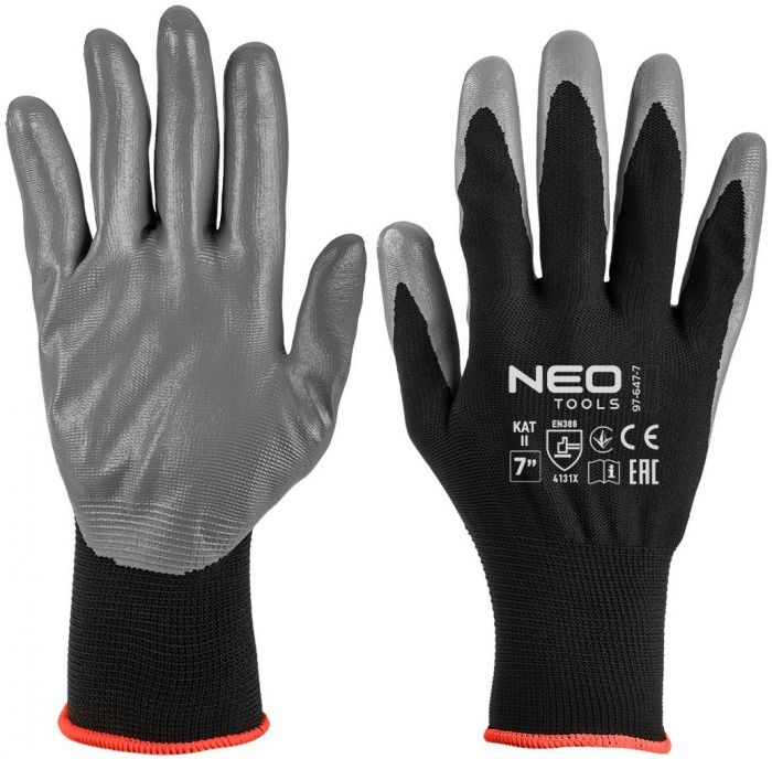 Рукавички робочі Neo Tools поліестер з нітриловим покриттям, р.7, сіро-чорний