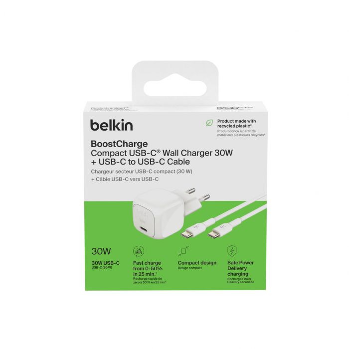 Зарядний пристрій мережевий Belkin 30Вт USB-С PD PPS, кабель USB-С > USB-C, 1м, PVC, білий