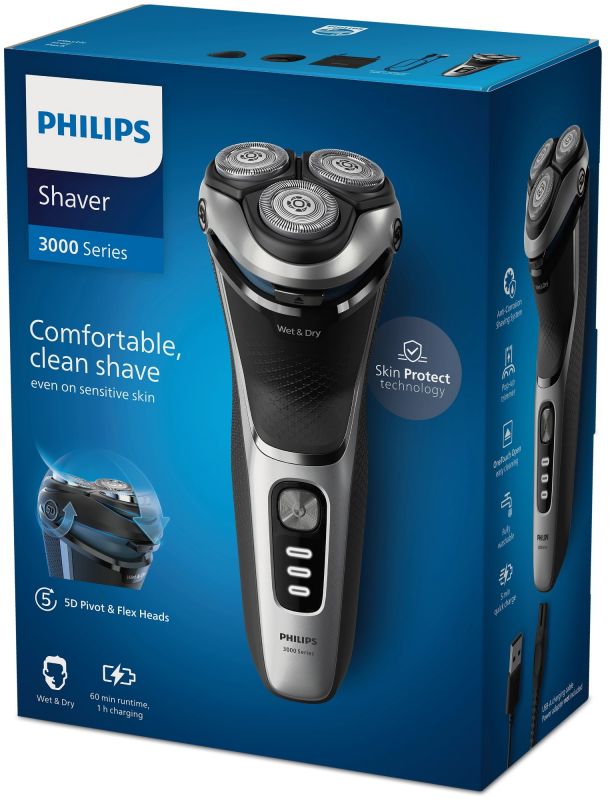 Бритва електр. Philips Series 3000,  бритв.головок-3, Li-Ion, сух.+волог., тример,індикатор заряду, чохол, сірий