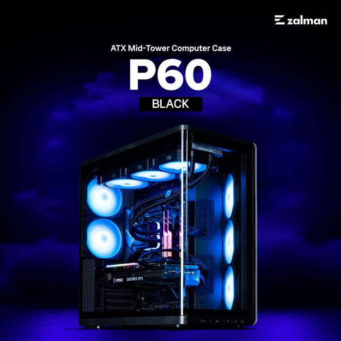 Корпус Zalman P60 без БЖ, 2xUSB3.0, 1x Type C, 3x120мм ARGB Reverse, 2x120мм ARGB, VGA 435мм, LCS ready, Curved Tempered Glass, Dual Chamber, ATX, чорний
