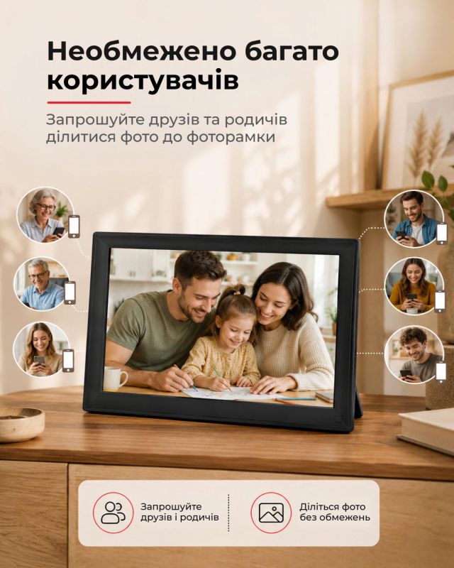 Цифрова фоторамка 2E DPF15-BK 15.6", IPS, FHD, 1GB, 32GB, динаміки 2x2Вт, ПЗ Frameo, сенсорний екран, WiFi, чорна