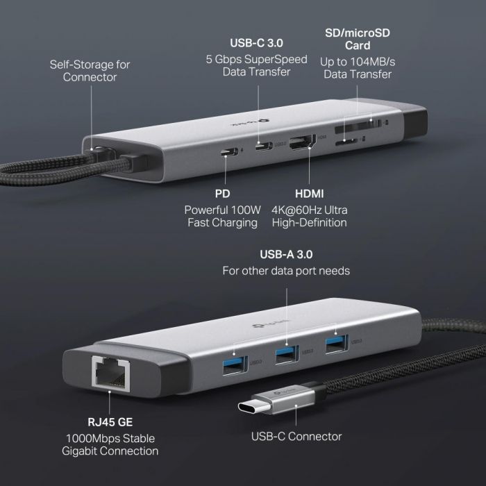 Хаб USB TP-LINK UH9120C USB-C > 3xUSB3.0/1xUSB-C/xHDMI/1xRJ45/1xSD/1xmicroSD/1xPD 100Wh