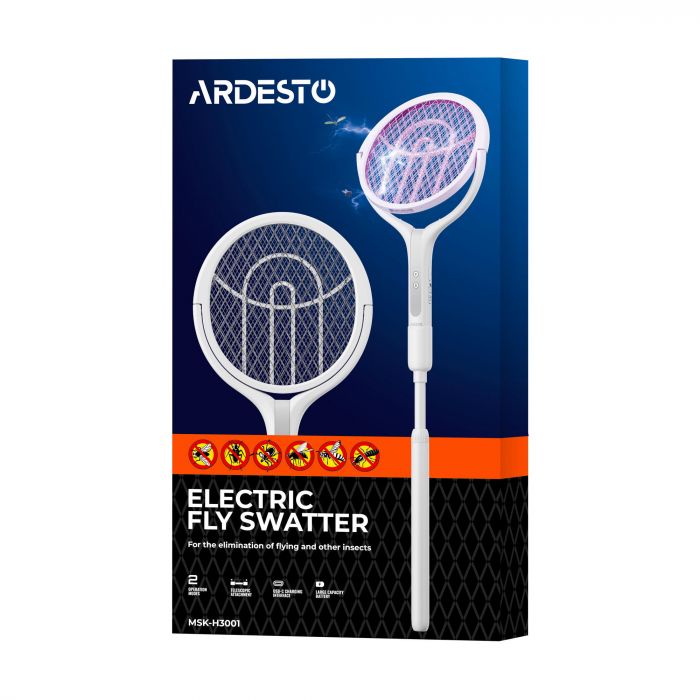 Електричний знищувач комах ARDESTO, сітка 2800 В, акум. 1800 мА•год, USB-С > USB-A, телескопічна ручка, білий
