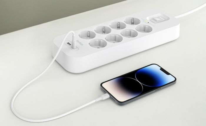 Подовжувач мережевий Belkin 2м, 8хТипF, 16А, USB-A/USB-C 18Вт, фільтр, білий