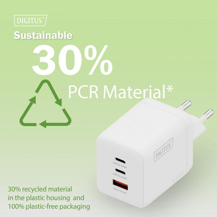 Зарядний пристрій DIGITUS GaN 2хUSB-C, 1хUSB-A, 100W