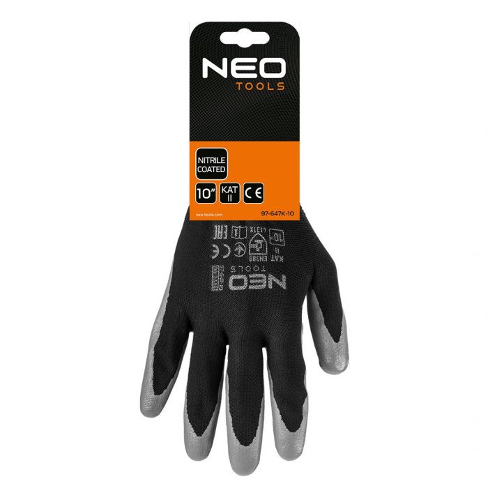 Рукавички робочі Neo Tools поліестер з нітриловим покриттям, р.10, сіро-чорний