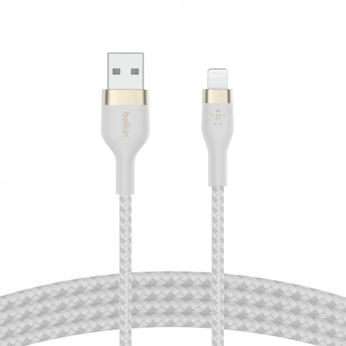 Кабель USB-A > Lightning заряджання/синхронізації Belkin, 3м, плетений, силіконовий, з ремінцем на магніті, білий