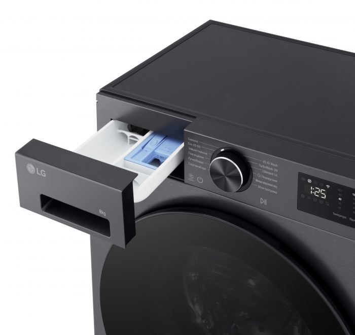 Стиральная машина LG фронтальная, 8кг, 1200, A, 48см, дисплей, пар, инвертор, чорний матовий