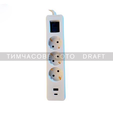 Подовжувач-фільтр мережевий 2E 3xТип F, 3x1.5мм кв, 16A, 1xUSB-A, 1xUSB-C, з захистом від перенапруги, 3м, білий