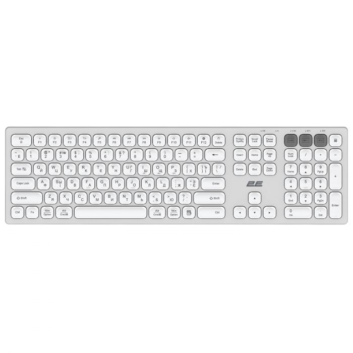 Клавіатура ножнична 2E KS270 105key, WL/BT, EN/UK/RU, сріблясто-білий