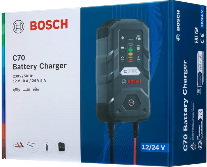 Зарядний пристрій Bosch C70, 12/24В, 14-300А·год, макс 10А, IP65 (0 189 911 070)