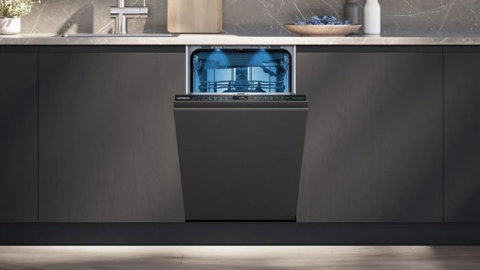 Посудомийна машина Siemens вбудована, 10компл., E, 45см, дисплей, 3й кошик, Zeolith, білий
