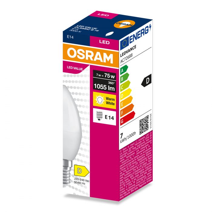 Лампа OSRAM LED E14 7Вт 3000К 1055Лм В75 VALUE