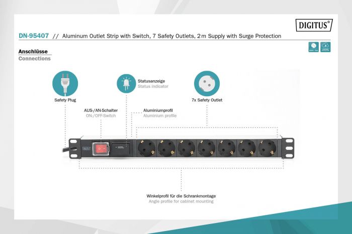 Пристрій розподілу електроживлення DIGITUS 1U, 7xSchuko, 16A, 250V, выключатель, SPD, вилка Schuko