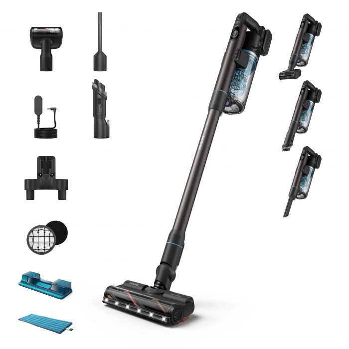 Пилосос Philips безпровідний Aqua Series 7000, вологе прибирання, конт пил -0.6л, автон. робота до 80хв, LED підствітка, турборежим, чорно-блакитний