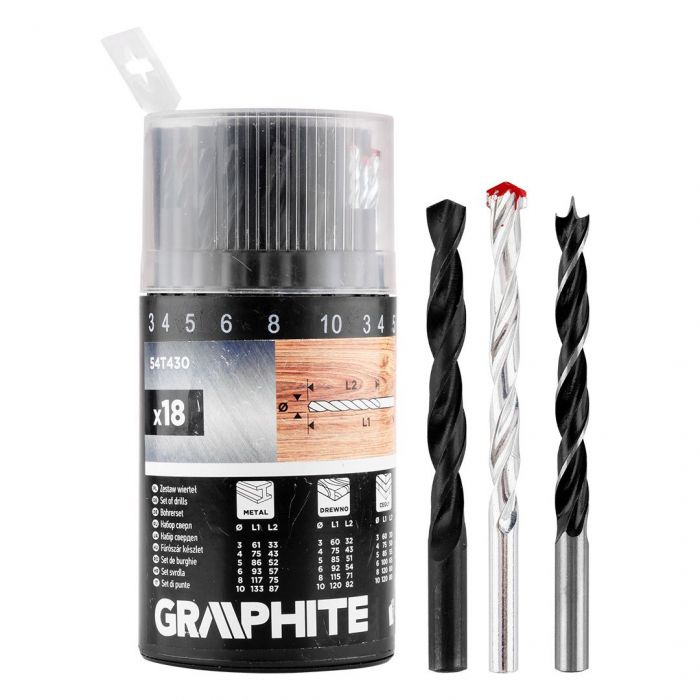 Набір свердл GRAPHITE по металу, дереву, цеглі: 3-6, 8, 10 мм, 18шт