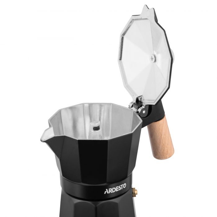 Гейзерна кавоварка Ardesto Midori, 120мл, 3 чашки, алюміній, бамбук