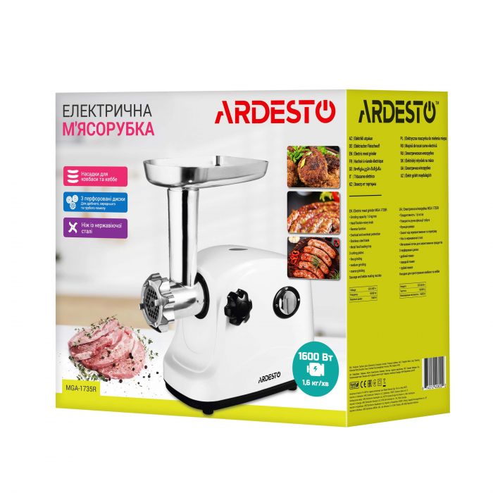 М'ясорубка Ardesto, 1700Вт, продук.-1.6кг/хв, 3 решітки + для ковб., кеббе, пластик, білий